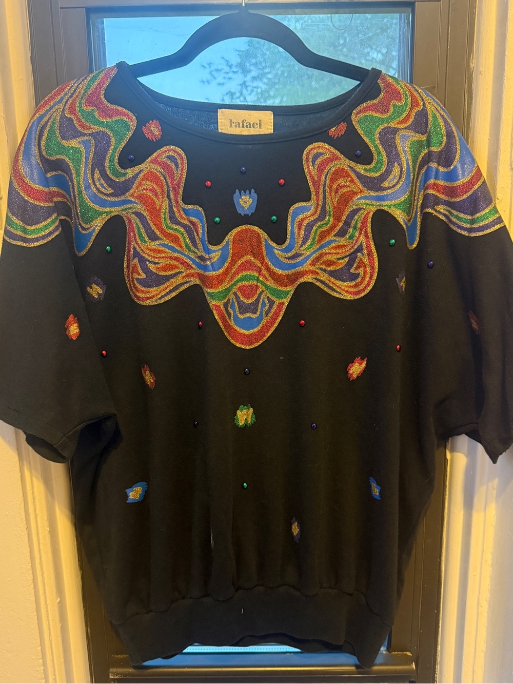 RAFAEL Black Short Sleeve Shirt with Rainbow Swirl and Beads - Sz -Large-2XL